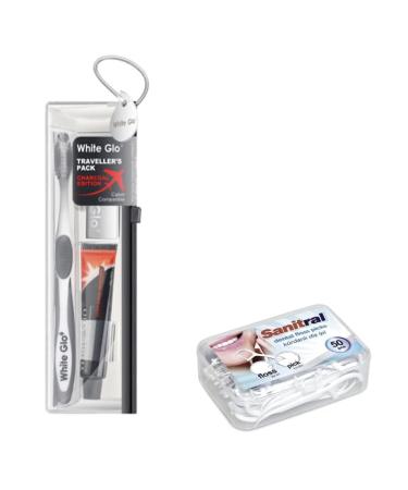 White Glo Charcoal Deep Stain Remover Whitening Dental Hygiene Kit and and and Sanitral Dental Floss (Travel Set) Travel Set