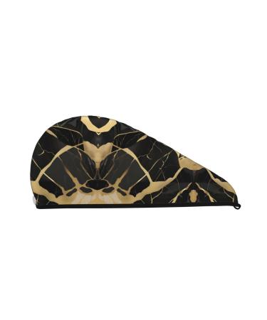 Black Marble Texture Gold Coral Velvet Dry Hair Cap Caps with Buttons for Drying Curly Long & Thick Hair Anti Frizz