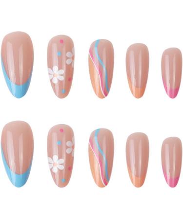 Justotry 24 Pcs Floral Almond Short False Nails | Rainbow French Press on Nails | Pretty Nude Fake Nails Short with Nail Glue | Daisy Stiletto Medium Stick on Nails for Women - Buy Online on GoSupps.com
