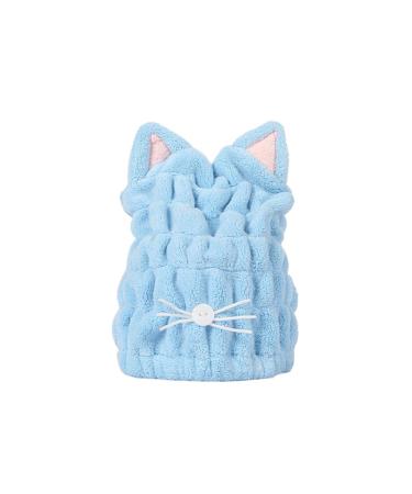 Hair Towel Cap - Cute Cat Bathroom Towel Hat Coral Velvet Hair Towel Wrap for Women Blue Hair Drying Towel Cap for Women & Kids Quick Dry Hair Turban for Curly Long & Wet Hair Sky Blue Medium