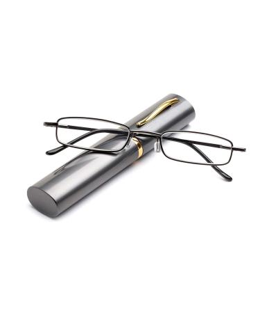 KoKoBin Metal Frame Reading Glasses Portable Spring Hinge Reading Glasses Unisex with Case Gray +1.0 Gray +1.0