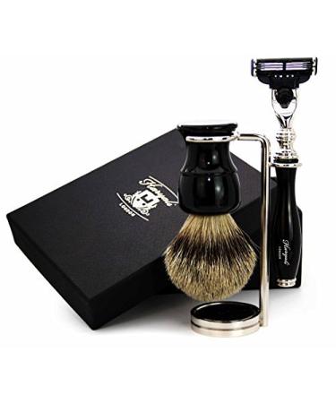 Mens Shaving Kit 3 Edge Razor with Silver Tip Badger Hair Shaving Brush and Stainless Steel Stand Perfect Set for Men