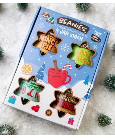 Beanies Flavoured Instant Coffee Christmas Stash Box - 4 Jars - Christmas Pudding Peppermint Candy Cane Mince Pie Ginger Bread 4 x 50g Jars - Festive Gift - Vegan and Sugar Free