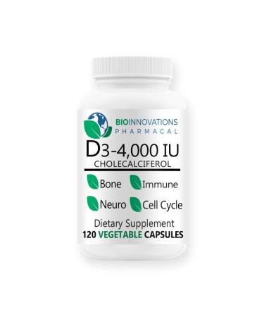 Bio-Innovations Pharmacal Vitamin D3-4000 IU (Cholecalciferol) Hypoallergenic Support for Muscles Bones Teeth Breast Prostate Cardiovascular Colon and Immune Health - 120 Vegetable Capsules