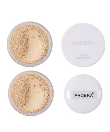 WENFENG 2 Pack PHOERA Setting Powder Control Oil Brighten Skin Color Cover Blemish Whitening Face Setting Loose Powder Helps Makeup Last Longer Includes 2Pcs Velour Powder Puff (102 Cool Beige)