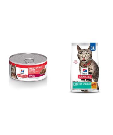 Hill's Science Diet Adult Canned Cat Food Savory Salmon Entr e 5.5 oz 24 Pack wet cat food & Dry Cat Food Adult Perfect Weight for Healthy Weight & Weight Management Chicken Recipe 15 Lb Bag