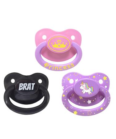 Littletude Adult Sized Pacifier Variety 3 Pack Dummy for Adult Babies Large Handle Large Shield Brat Unicorn Princess.