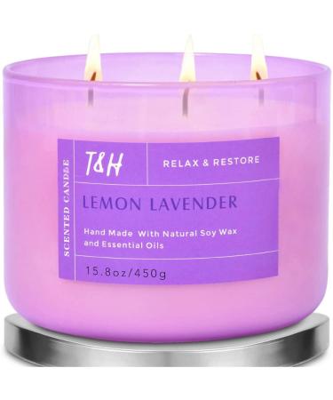 Lemon Lavender Scented Candles | Candles for Home Scented | Highly Scented 3 Wick Candle | Lavender Candle, Relaxing Aromatherapy Candle | Lemon Candle | Large Soy Candles 16 Oz, Stress Relief Candles