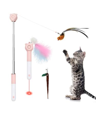 Cat Laser Toy, Jetczo Interactive Cat Feather Toys, Cat Wand Toy with Ball, 2-in-1 Retractable Cat Wand Toys with 4 Cat Teasers, Bird, Feather, Plush Ball & Fuzzy Worm