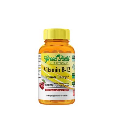 Greenfield Nutritions Halal Vitamin B12 1000mcg - Cherry Flavored Fast Absorption 60 Sublingual B12 Tablets - Natural B12 Halal Vitamins Supports Brain Blood Cell Health and Energy Metabolism