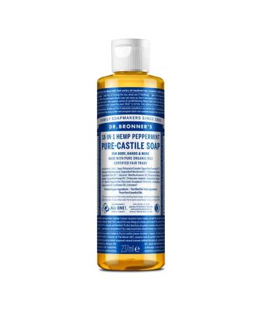 Dr Bronner's 18-in-1 Peppermint Pure-Castile Liquid Soap Made with Organic Oils Used for Face Body Hair Laundry Pets and Dishes Certified Fair Trade & Vegan Friendly 237ml Recycled Bottle Peppermint 237ml