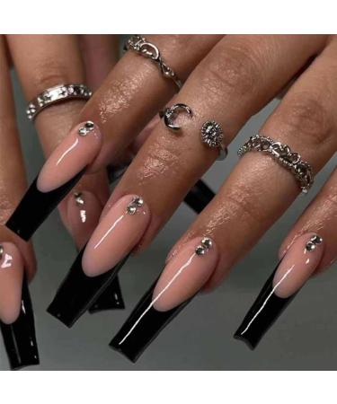 Foccna Long Press on Nails Black Coffin French Fake Nails Full Cover Nude Acrylic False Rhinestone Nails for Women and Girls 24PCS Coffin French Black Nails