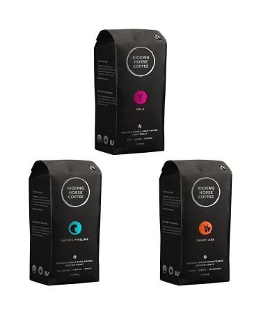 Kicking Horse Coffee Hola Light Roast Whole Bean 1 lb & Kicking Horse Coffee Pacific Pipeline Medium Roast & Kicking Horse Coffee Smart Ass Medium Roast Whole Bean