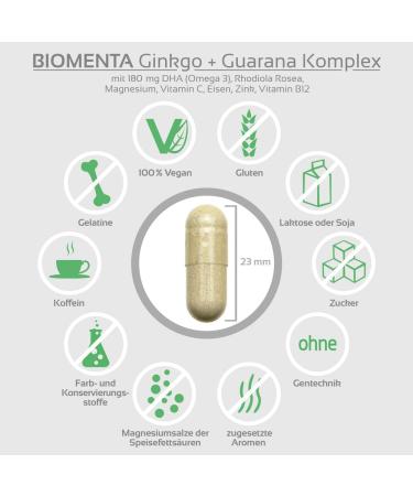 Buy Biomenta Ginkgo + Guarana Complex - 90 High-Dose Vegan Capsules with DHA Caffeine Rhodiola Magnesium Iron Zinc & Vitamin B12 - Premium Quality - Buy Online on GoSupps.com