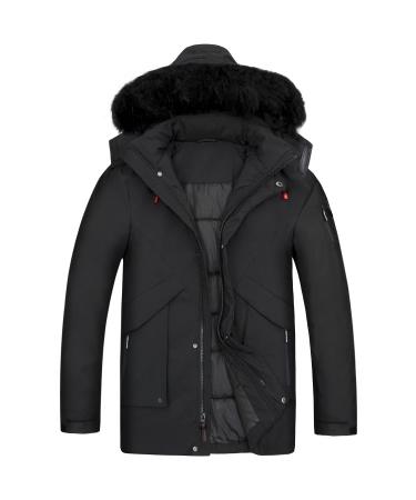 WEEN CHARM Men's Warm Parka Jacket Anorak Jacket Winter Coat with Detachable Hood Faux-Fur Trim Black-8828 Small