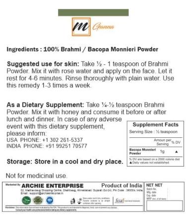 mGanna 100% Pure and Natural Brahmi Powder | Bacopa Monnieri Powder for Hair and Health 0.5 LBS / 227 GMS - Buy Online on GoSupps.com