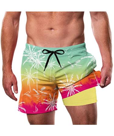 Cozople Mens Swim Trunks with Compression Liner 5.5" Inseam Quick Dry Bathing Suit Lightweight Swimming Shorts Rainbow Palm Tree Large