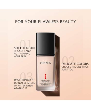 VENZEN Thin Light Concealer Liquid Foundation - Waterproof Moisturizing Long-Lasting in #02 Ivory | Soft Texture & Delicate Colors - 1 Count - Buy Online on GoSupps.com