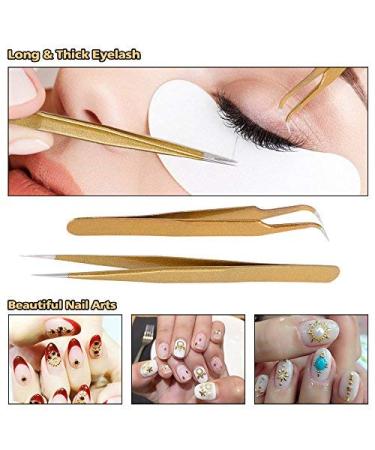 Stainless Steel Eyelash Extension Tweezers Set - Straight & Curved 2pc Gold Makeup Tools - Buy Online on GoSupps.com