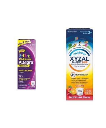 Allegra Children's 12HR Allergy Liquid with Xyzal Children's 24HR Allergy Oral Solution Bundle Berry & Tutti Frutti Flavors