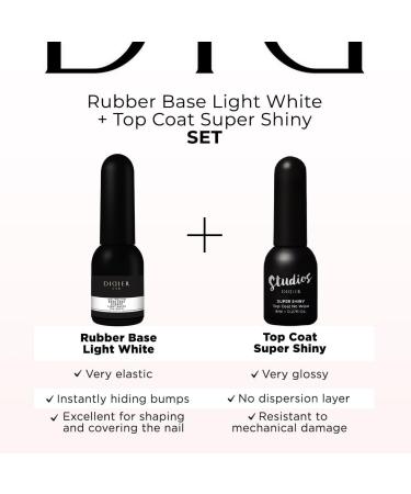 Didier Lab Rubber Base Gel & No Wipe Top Coat Set - Long Lasting Milky White Nail Polish - UV LED Gel Varnish - 2pcs Rubber Light White + Shiny - Buy Online on GoSupps.com