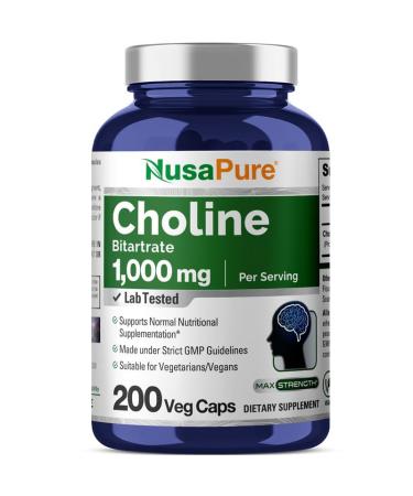 NusaPure Choline Bitartrate 1000 mg 200 Veggie Capsules (Vegetarian Non-GMO)