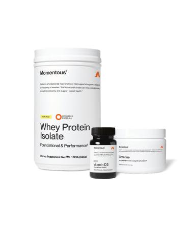 Momentous Arnold's Stack - Creatine Monohydrate Powder Essential Grass-Fed Whey Protein Powder (Vanilla) & Vitamin D3 (2000 IU) - Daily Fundamentals to Support Muscle Strength & Longevity