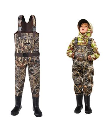 HISEA Kids Chest Waders for Toddler & Children Neoprene Youth Duck Hunting Waders for Kids Boys Girls with Insulated Boots 10/11 Big Kid Next Camo Evo(s) - Brown