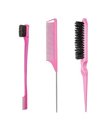 3 Pieces Hair Styling Comb Set Double Sided Edges Brush Teasing Hair Brush Rat Tail Comb Plastic Bristle Hair Brush Edge Control Brush for Home Hairdressers(Pink)
