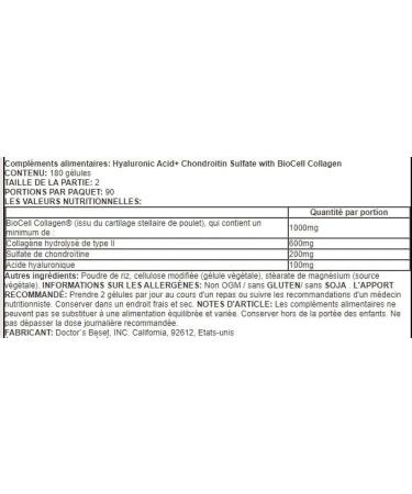 Doctor's Best Hyaluronic Acid & Chondroitin Sulfate with BioCell Collagen - Joint & Skin Support - 180 Capsules - Buy Online on GoSupps.com