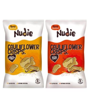 Nudie Snacks Cauliflower Crisps Katsu Curry and Cheese 80g & Caramelised Onion 80g