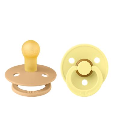 BIBS Colour Baby Pacifier 2-Pack | Made in Denmark | BPA Free Dummy Soother Round Nipple. Natural Rubber Latex Size 1 (0-6 Months) Desert Sand/Sunshine