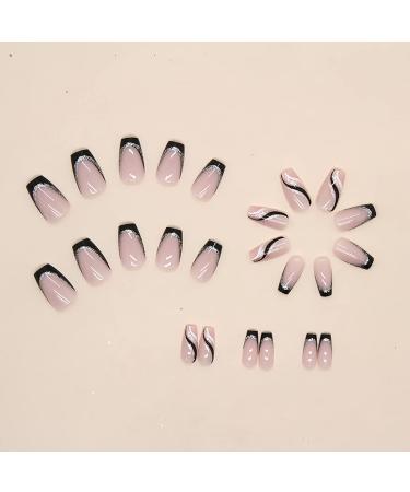 Black French Tip Press on Nails Coffin Medium with Silver Glitter Line Designs - 24Pcs - Buy Online on GoSupps.com