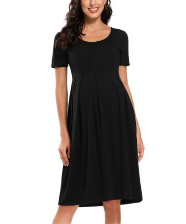 Love2Mi Womens Short-Sleeve Maternity Dress Casual A-Line Midi Pregnant Dress L Black