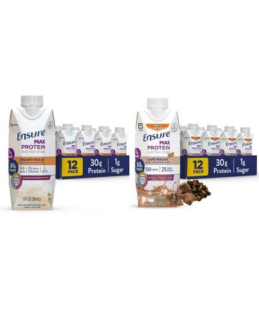 Ensure Max Protein Nutrition Shake with 30g Protein Creamy Peach & Cafe Mocha Flavors Pack of 12 11 fl oz