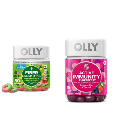 OLLY Fiber Gummy Rings 50ct & Active Immunity+Elderberry Gummies 45ct Berry Flavors Digestive & Immune Support