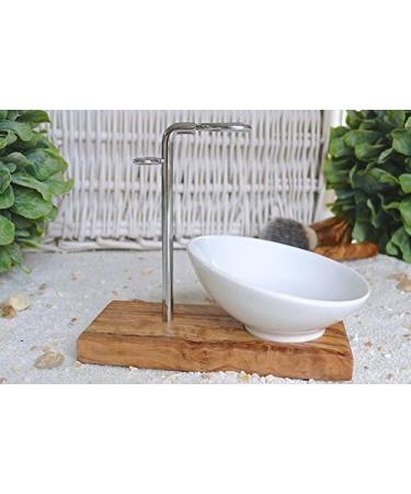 DOM Shaving Brush Holder CLASSIC PLUS | Olive Wood & Porcelain Bowl | 10cm Slanted Design - Premium Shaving Accessories - Buy Online on GoSupps.com