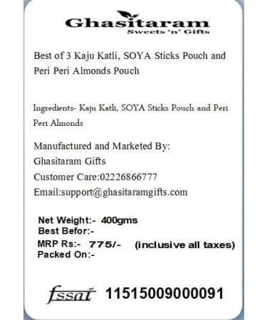 Ghasitaram Gifts Rakhi Gifts for Brothers Rakhi Sweets - Best of 3 Kaju Katli SOYA Sticks Pouch and Peri Peri Almonds Pouch with 2 Pearl Beads Rakhis - Buy Online on GoSupps.com
