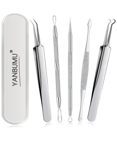YANBUMU Blackhead Remover Tools Pimple Popper Tool Kit Stainless Steel Black Head Remover for face Pimple Extractor Tweezers for Acne Comedone Zit Whitehead Skin tag Remover 5pcs