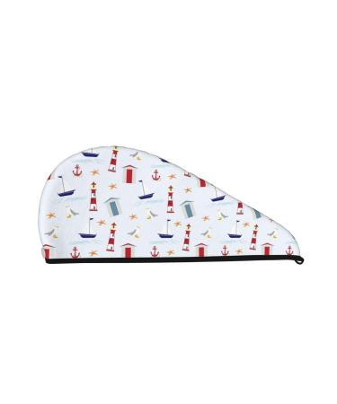 Nautical Lighthouse Sailboat Microfiber Hair Towel Soft Super Absorbent Hair Towel Wrap for Women Coral Velvet Quick Dry Hair Cap for Long Curly and Thick Hair