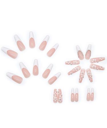 24Pcs Flower Design Long Press on Nails - White French False Nails with Nude Pink Acrylic - Glossy Stick on Nails for Women - Buy Online on GoSupps.com