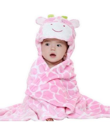 Hilmocho Baby Hooded Blanket Soft Warm Coral Fleece Cozy Swaddle Wrap for Newborn Infant Toddler Pink Giraffe