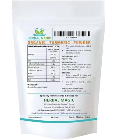 Organic Turmeric Powder (Curcuma Longa) - High Curcumin Strength - 200g Pack - Certified UK Organic - Ideal for Smoothies, Milkshakes, Soups, Baking - Filler & Preservative-Free by Herbal Magic - Buy Online on GoSupps.com