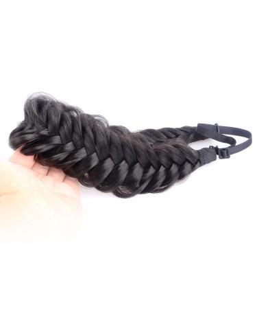 BOBIYA Messy Wide 2 Strands Synthetic Natural Black Braided Headband Classic Chunky Braid Hair Headbands Elastic Stretch Braid Headbands for Women Girl (Natural Black)