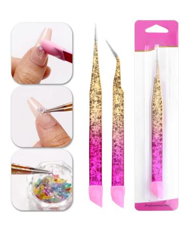 2pcs Double Ended Nail Art Tweezers for Women Stainless Steel Tweezer Set Straight Tip Curved Tweezers Precision Lash Tweezers for Eyelash Extensions Pointed Tweezers for Crafts Rhinestone Picker Tool