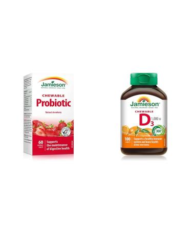Jamieson Chewable Probiotic 2 Billion Active Cells - Natural Strawberry Flavour & Chewable Vitamin D3 1 000 IU - Natural Tangy Orange 100 Count (Pack of 1)