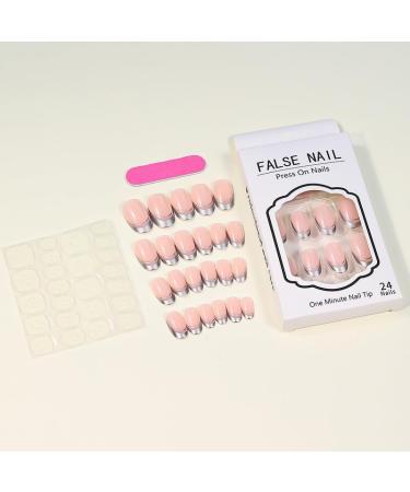 24Pcs Press on Nails Short French Tips Fake Nails Acrylic Square False Nails Summer Reusable Artificial Silver Almond Nails for Women and Girls - Buy Online on GoSupps.com