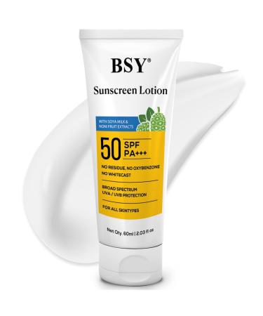 BSY Noni Sunscreen Lotion | SPF 50 PA+++ | Noni and Soy Milk Extract | No White Cast | Broad Spectrum UVA/UVB | For All Skin Types | For Women & Men 60ml (2.03 fl oz)