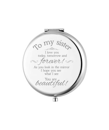 Sister Gifts from sister for silver Compact Mirror gifts for sister from brother bridesmaid gifts for wedding day 2.6 inch Round Folding Handheld 2-Sided Mirror for 1x/2x Magnification Compact Mirror.