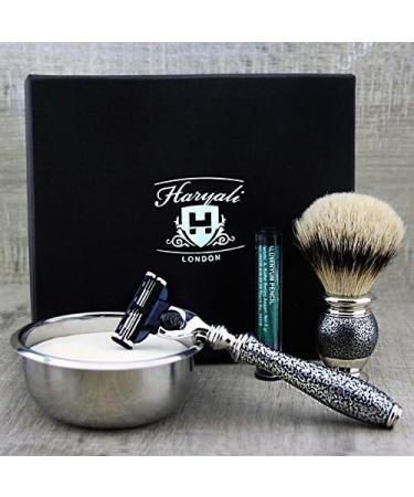 5Pc Men's Shaving Kit | 3 Edge Razor Silver Tip Badger Brush Soap & Bowl - Perfect Grooming Set - Buy Online on GoSupps.com